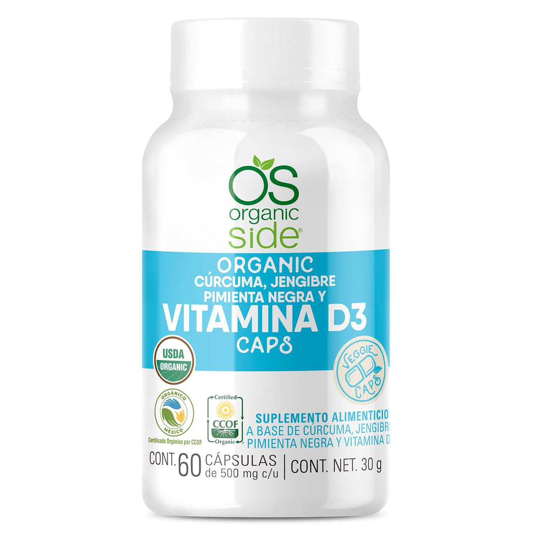 Organic Side Vitamina D3 con Cúrcuma Jengibre y Pimienta Negra