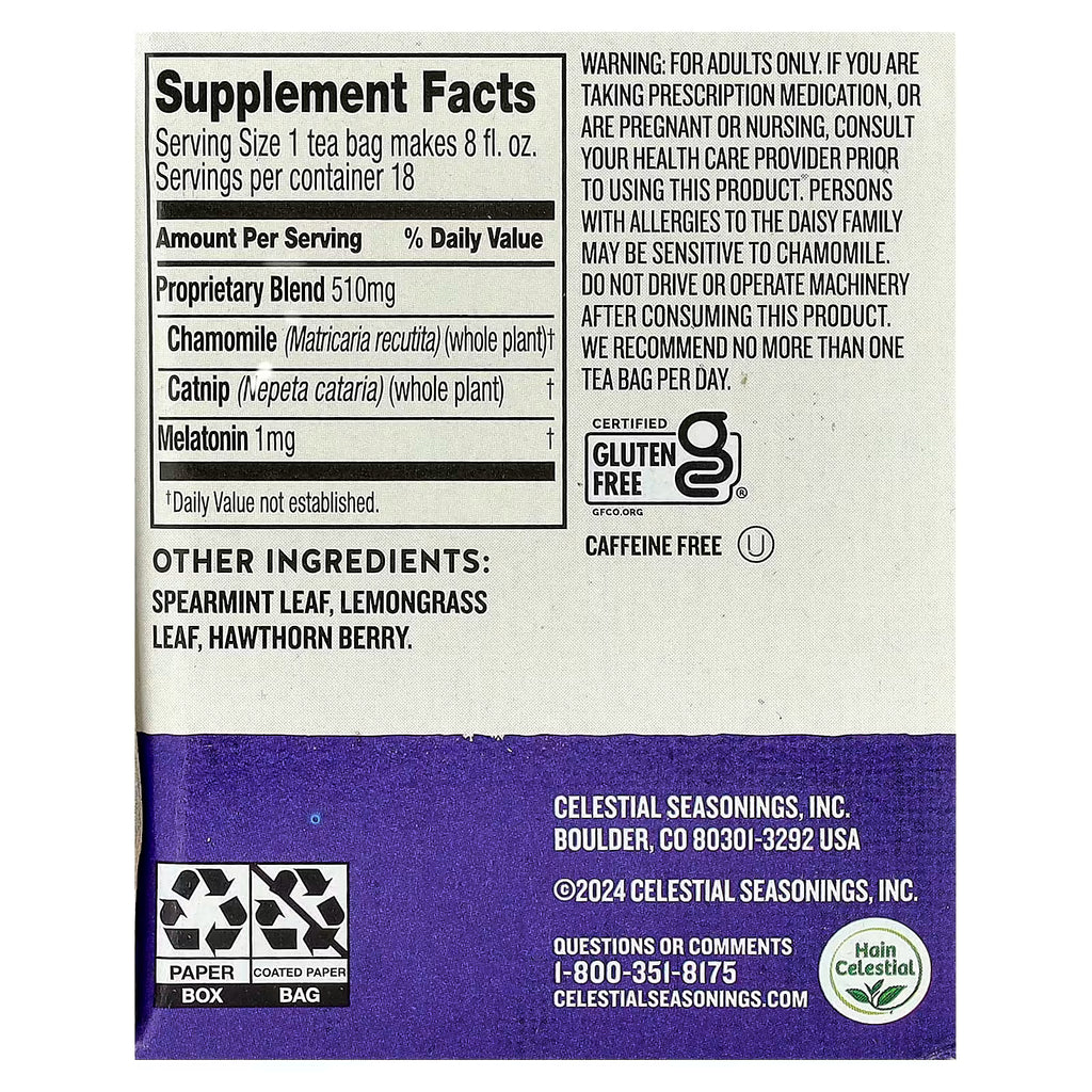 Celestial Seasonings Sleepytime Té con Melatonina Sin cafeína, 18 bolsitas de té, 21 g