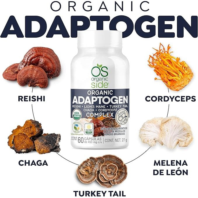 Organic Side Adaptogen Complex Reishi, Lion's Mane, Turkey Tail, Chaga y Cordyceps 60 Cápsulas