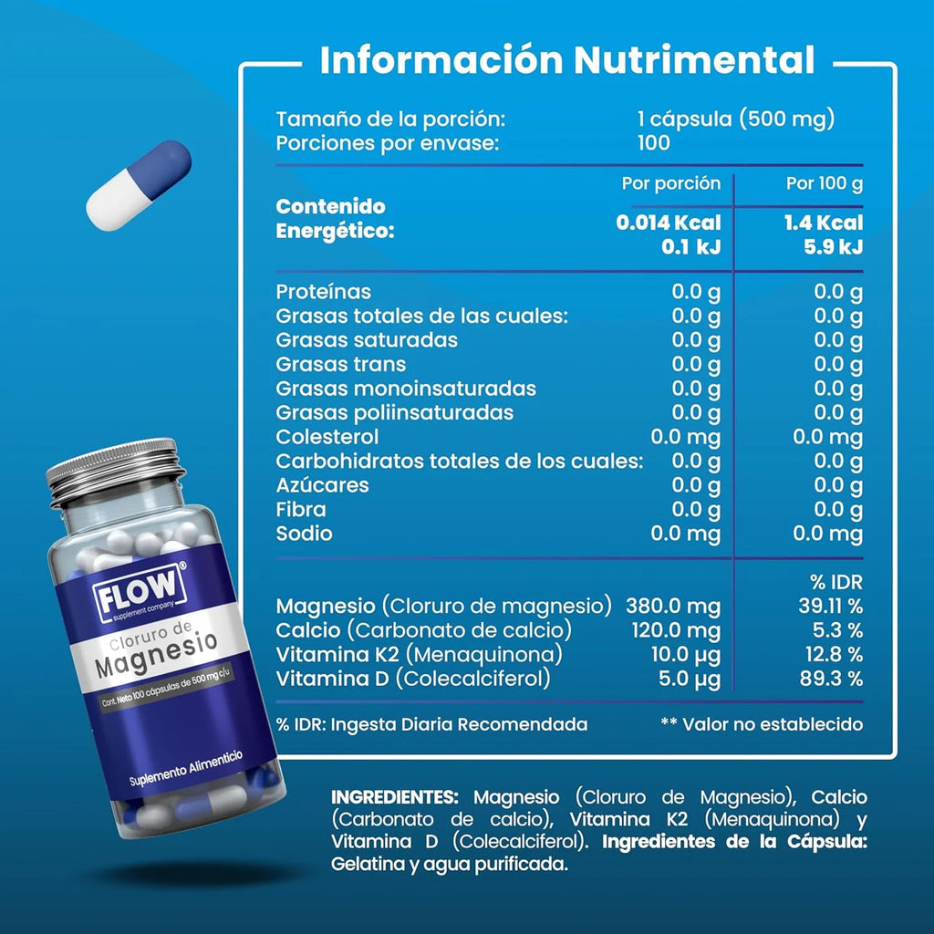 Flow Cloruro De Magnesio + Vitamina K2 + Vitamina D + Calcio / 100 cápsulas de 500 mg c/u