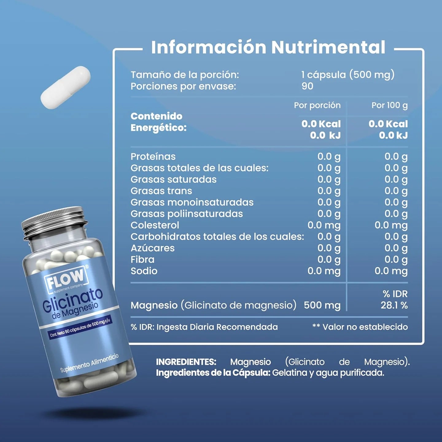 Glicinato de Magnesio 90 cápsulas de 500 mg c/u