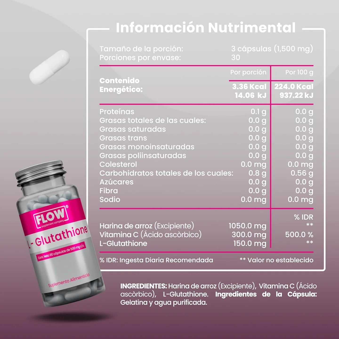 L-Glutathione 90 cápsulas de 500 mg c/u