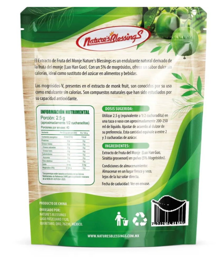 Nature's Blessings Monk Fruit Endulzante Natural Fruta del Monje Sin Eritritol 100 gr
