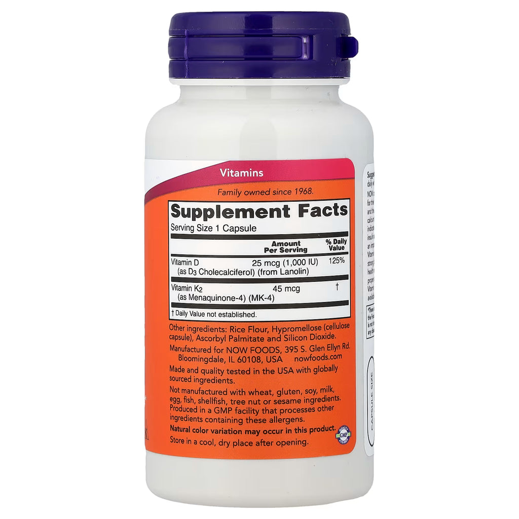 Now Foods Vitamina D3 & K2 1,000 IU / 45 mcg
